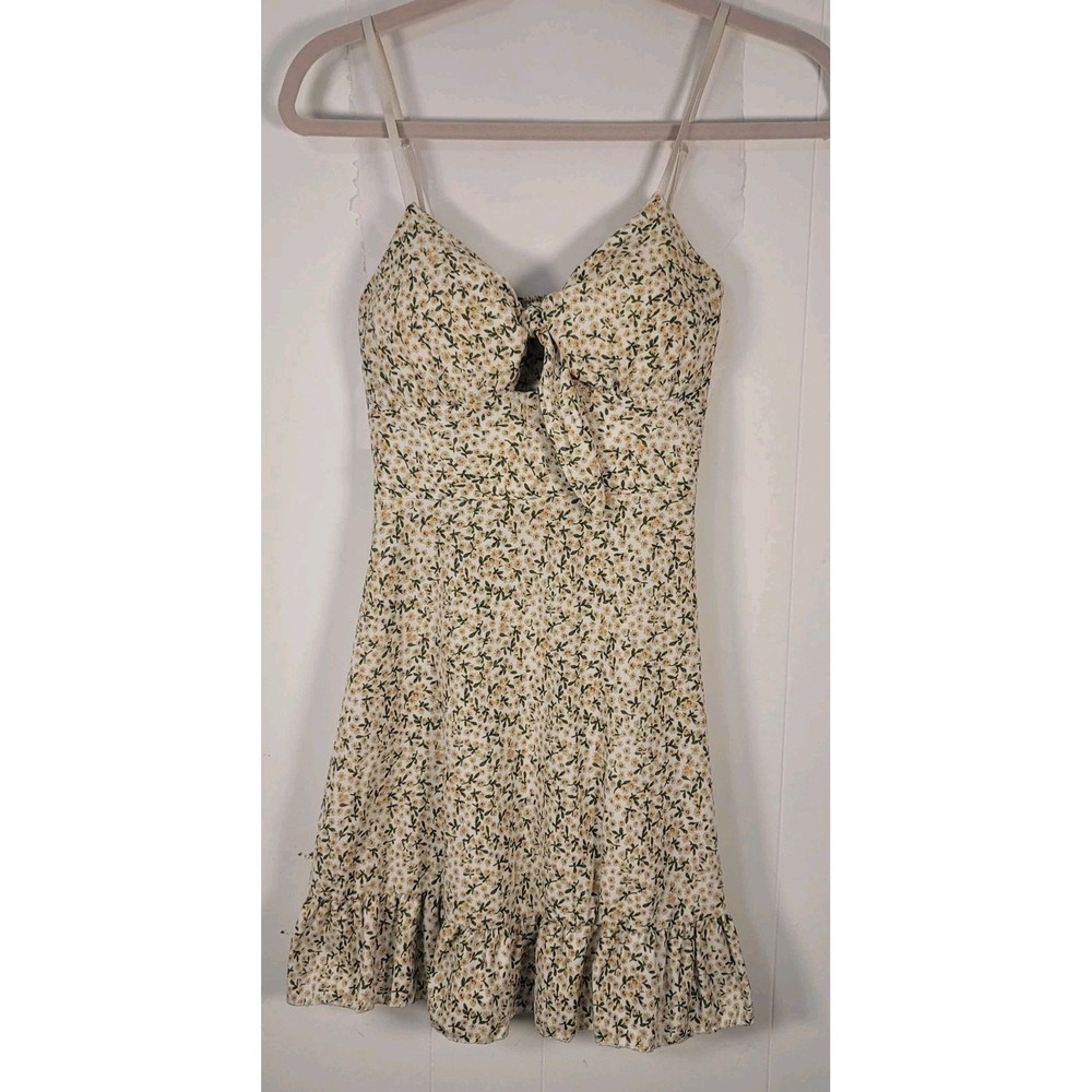 Floral Sundress Womens Small White Yellow Green Ruffle Hem Mini Summer Beach Y2k